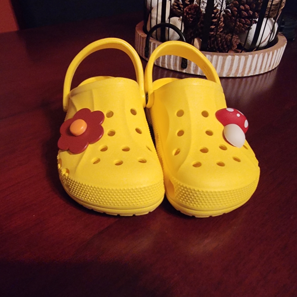 CROCS Yellow Clogs with Flower and Mushroom Charms